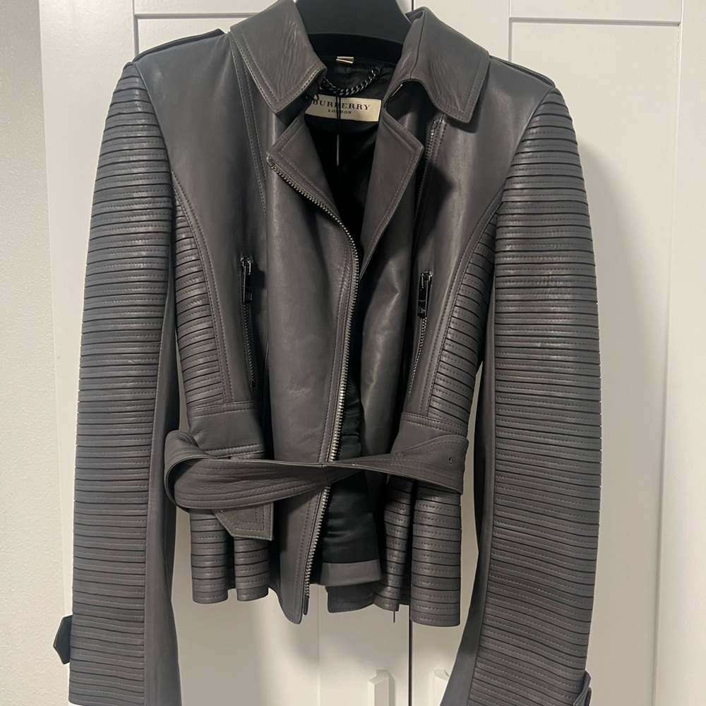 Burberry Gray Leather Moto Jacket with Quilted Sleeves